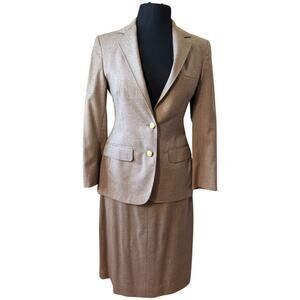 Vintage 80s Brown Blazer Gold Button Midi Skirt Suit Van Julian 6 Single Breast